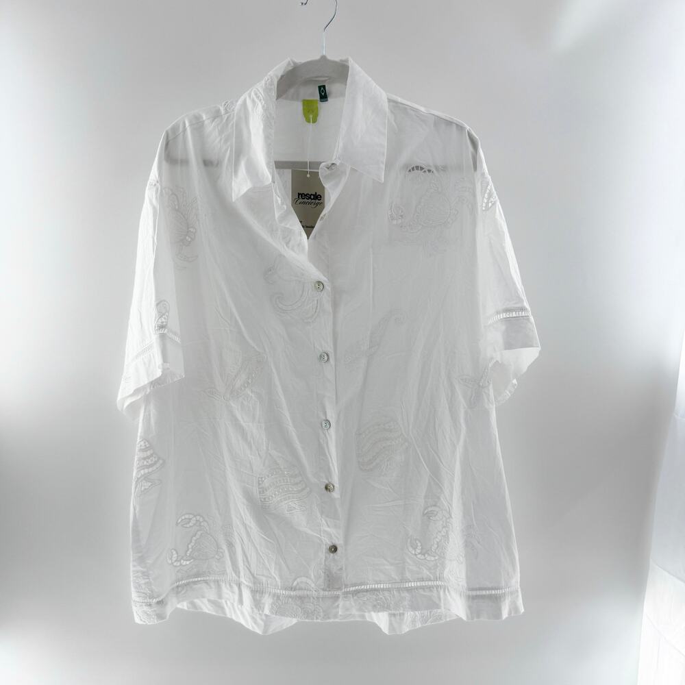 Farm Rio Embroidered Eyelet Short Sleeve Tunic Cover Up Shirt White Women Size L